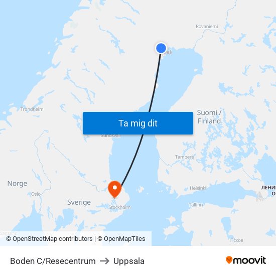 Boden C/Resecentrum to Uppsala map