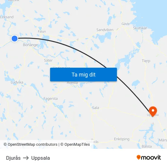 Djurås to Uppsala map