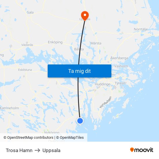 Trosa Hamn to Uppsala map