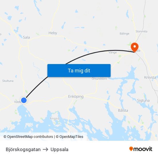 Björskogsgatan to Uppsala map