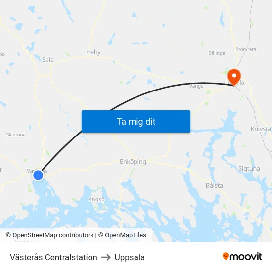 Västerås Centralstation to Uppsala map