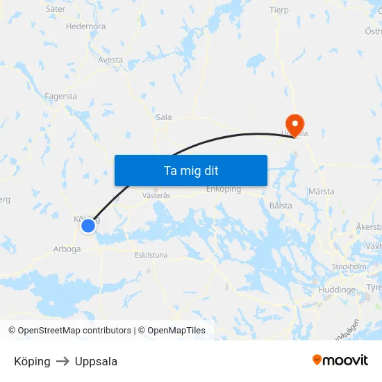 Köping to Uppsala map