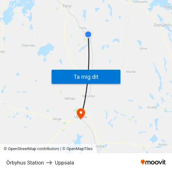 Örbyhus Station to Uppsala map