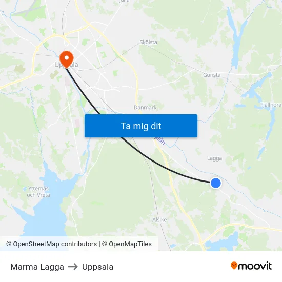 Marma Lagga to Uppsala map
