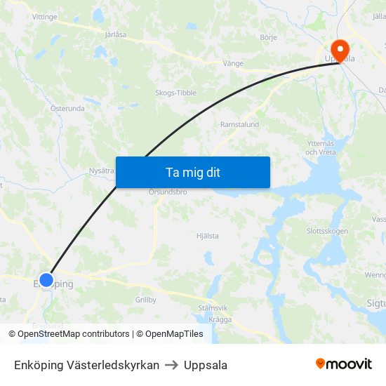 Enköping Västerledskyrkan to Uppsala map