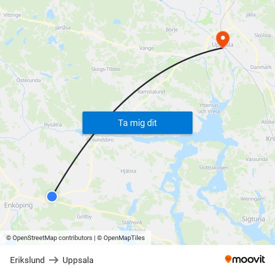 Erikslund to Uppsala map