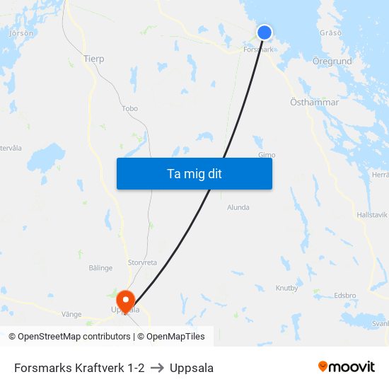 Forsmarks Kraftverk 1-2 to Uppsala map