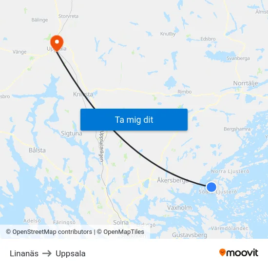 Linanäs to Uppsala map