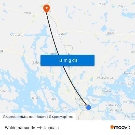 Waldemarsudde to Uppsala map