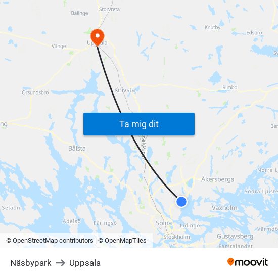 Näsbypark to Uppsala map