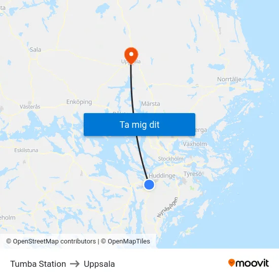 Tumba Station to Uppsala map