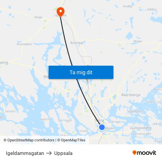 Igeldammsgatan to Uppsala map