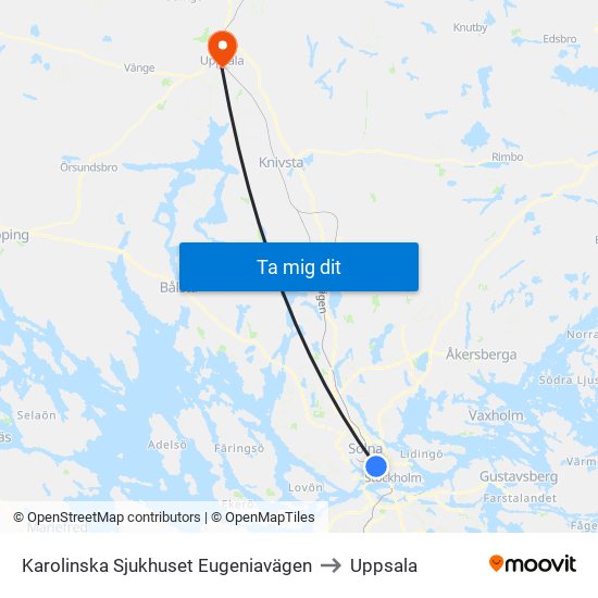 Karolinska Sjukhuset Eugeniavägen to Uppsala map