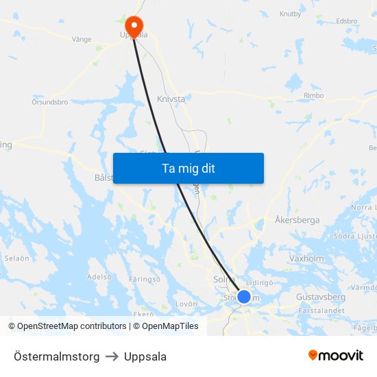 Östermalmstorg to Uppsala map