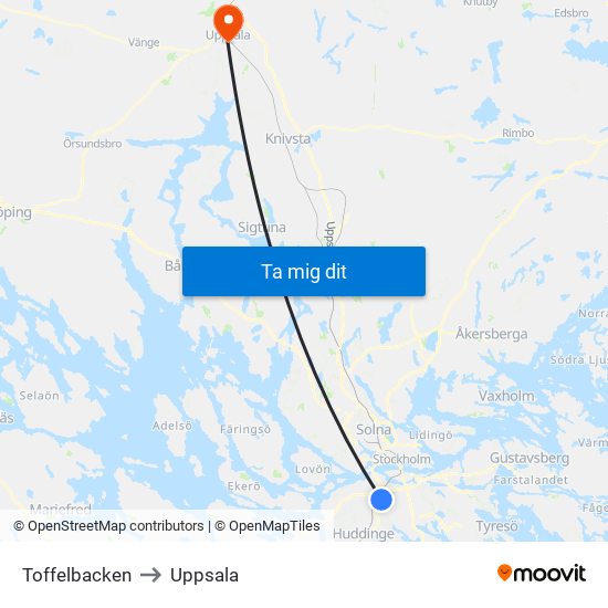Toffelbacken to Uppsala map