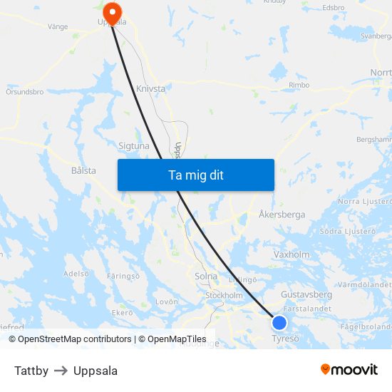 Tattby to Uppsala map
