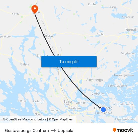 Gustavsbergs Centrum to Uppsala map
