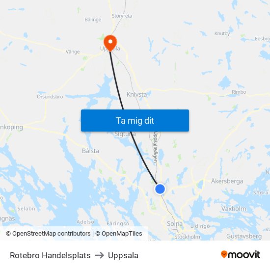 Rotebro Handelsplats to Uppsala map
