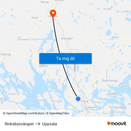 Rinkebysvängen to Uppsala map