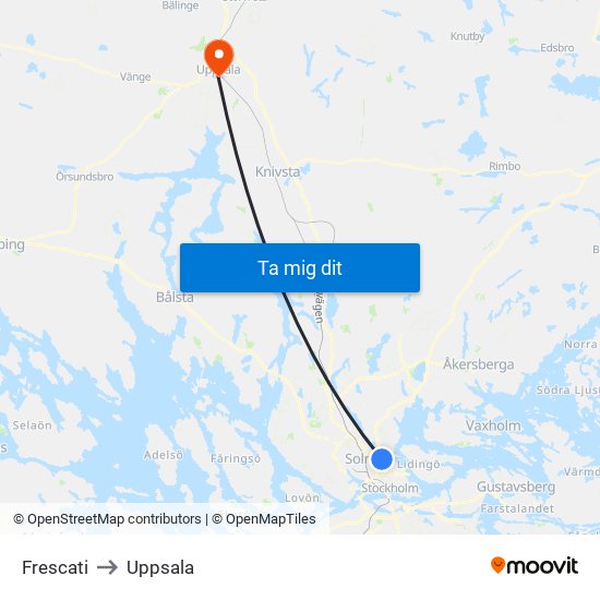 Frescati to Uppsala map