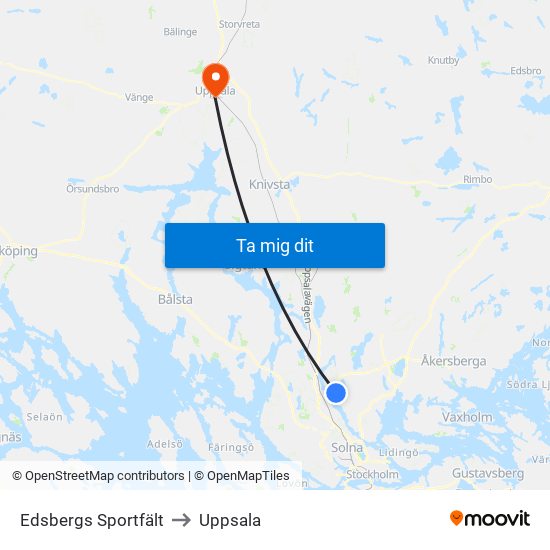 Edsbergs Sportfält to Uppsala map