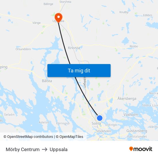 Mörby Centrum to Uppsala map