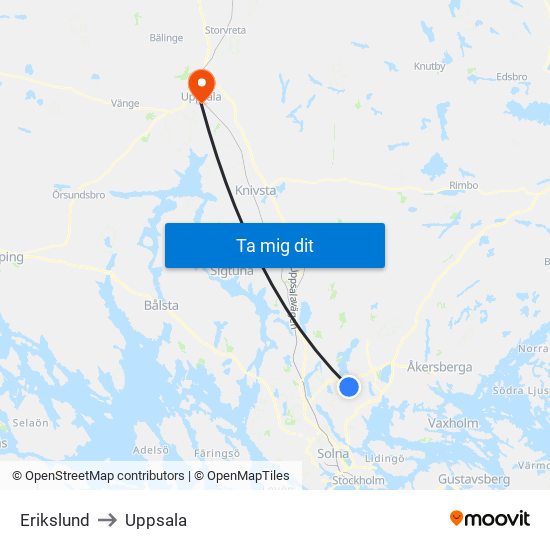 Erikslund to Uppsala map