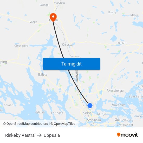 Rinkeby Västra to Uppsala map