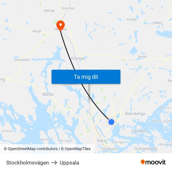 Stockholmsvägen to Uppsala map