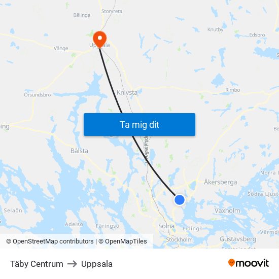 Täby Centrum to Uppsala map