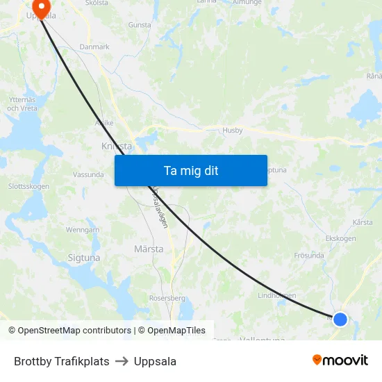 Brottby Trafikplats to Uppsala map