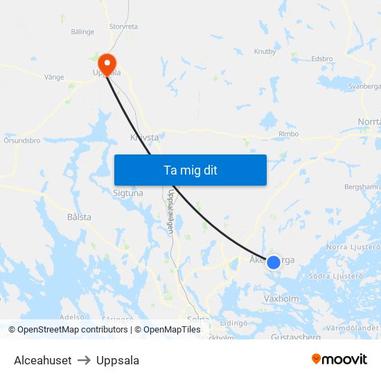 Alceahuset to Uppsala map