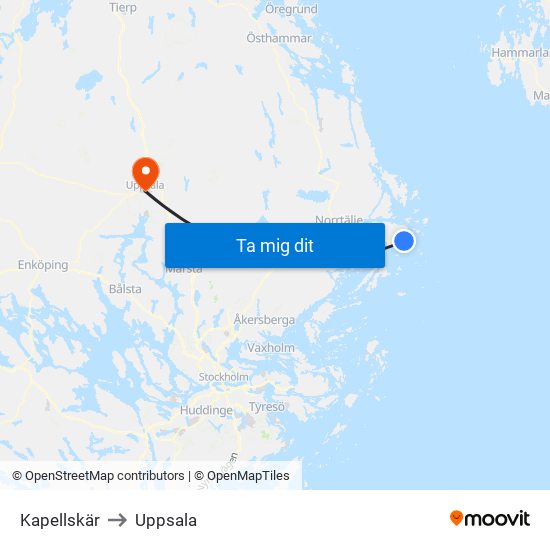 Kapellskär to Uppsala map