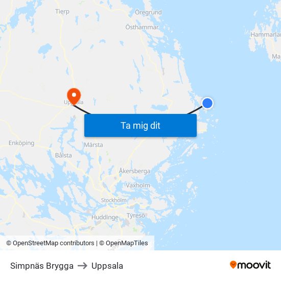 Simpnäs Brygga to Uppsala map