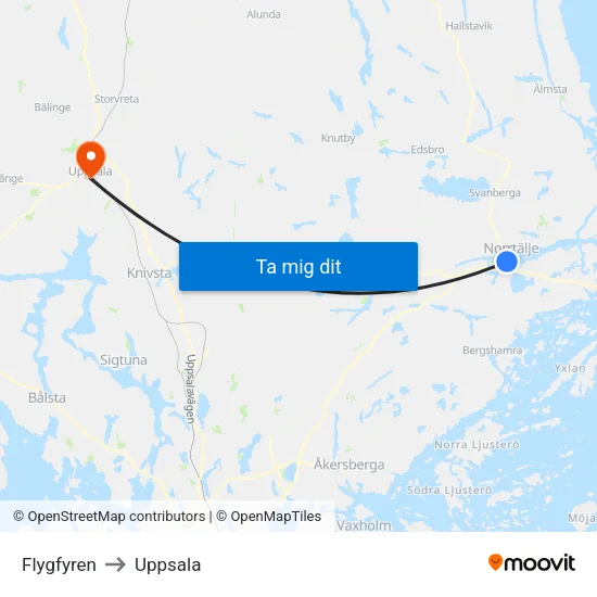 Flygfyren to Uppsala map