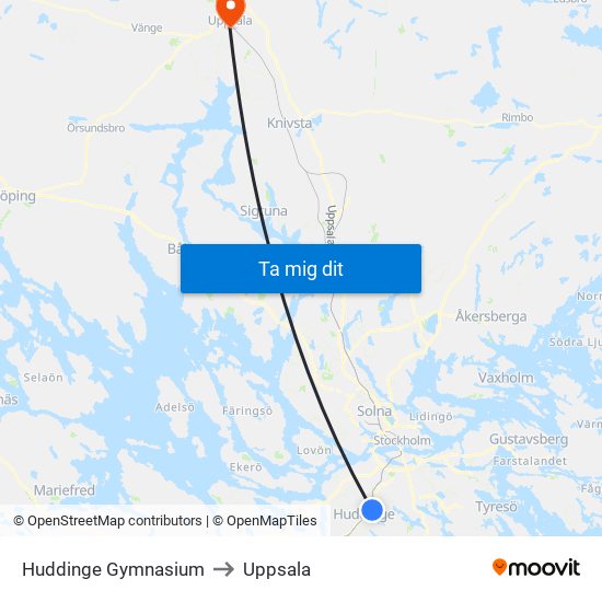 Huddinge Gymnasium to Uppsala map