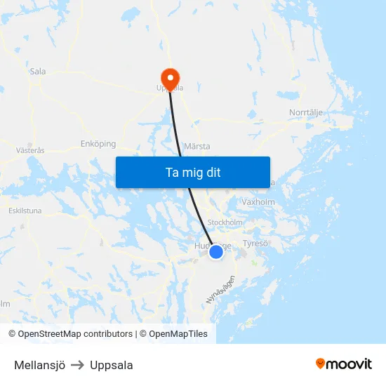 Mellansjö to Uppsala map