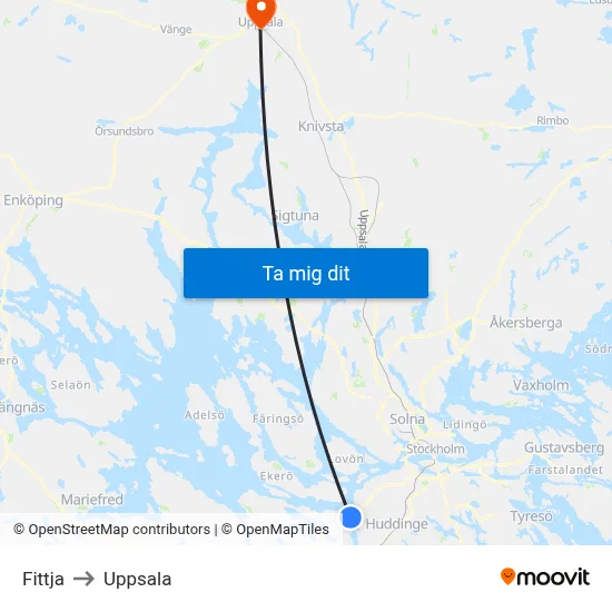 Fittja to Uppsala map