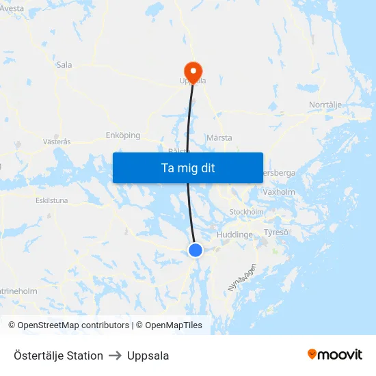 Östertälje Station to Uppsala map