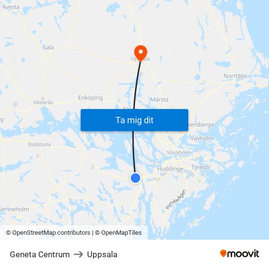 Geneta Centrum to Uppsala map