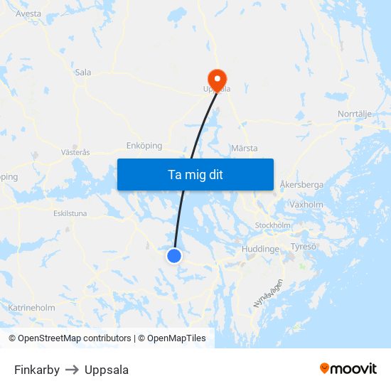 Finkarby to Uppsala map