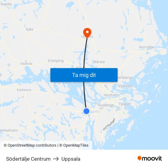 Södertälje Centrum to Uppsala map
