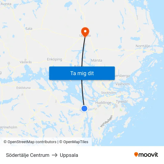 Södertälje Centrum to Uppsala map