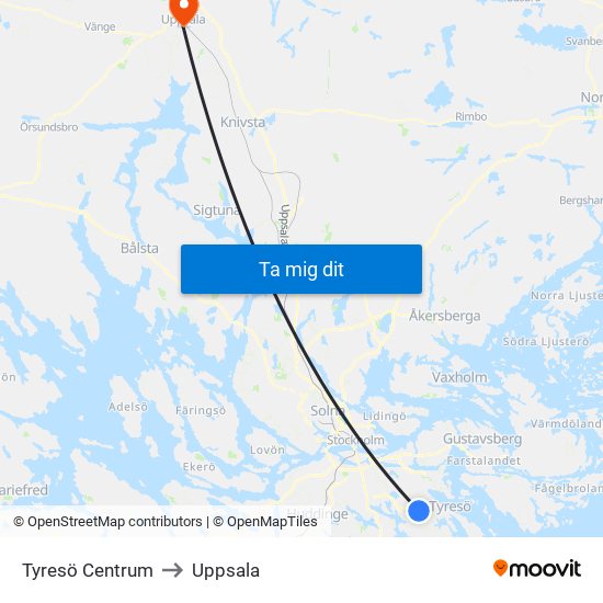 Tyresö Centrum to Uppsala map