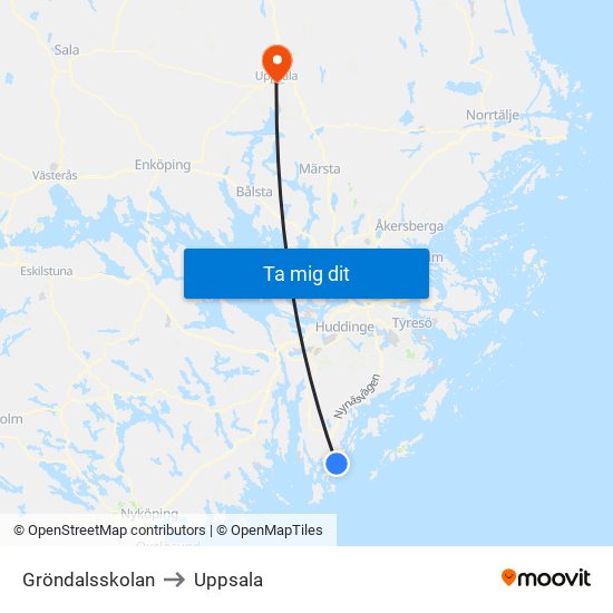 Gröndalsskolan to Uppsala map