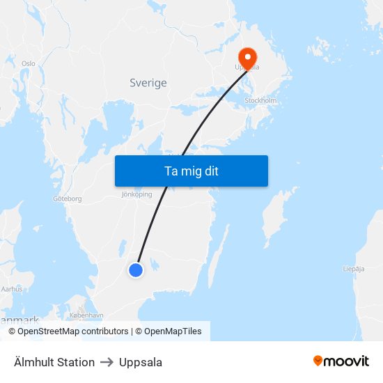 Älmhult Station to Uppsala map