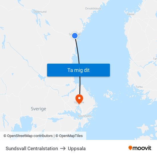 Sundsvall Centralstation to Uppsala map