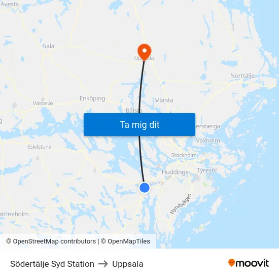 Södertälje Syd Station to Uppsala map