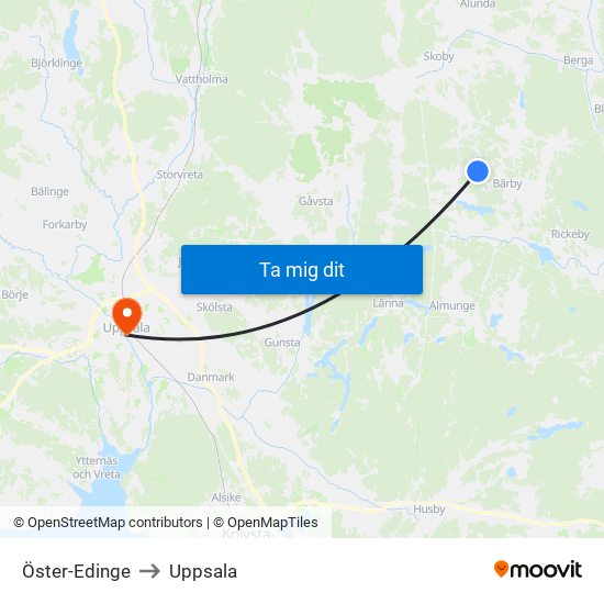Öster-Edinge to Uppsala map