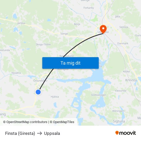 Finsta (Giresta) to Uppsala map